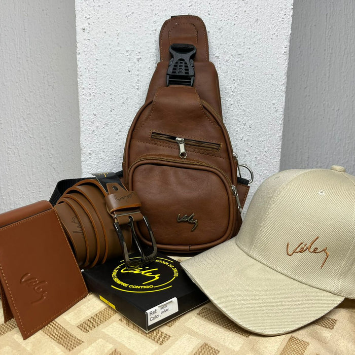 2. Kit de Vélez Cuero – Bolso de pecho Dacota + Correa + Billetera + Gorra