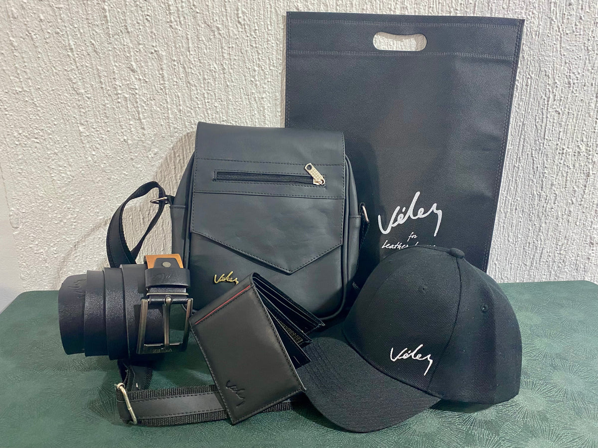 1.Kit de Vélez Cuero – Bandolera + Correa + Billetera + Gorra
