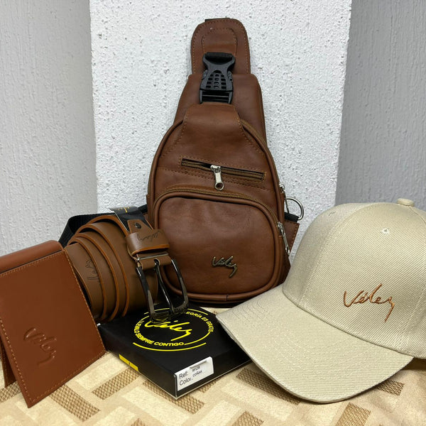 2. Kit de Vélez Cuero  –  Bolso de pecho Dacota + Correa + Billetera + Gorra