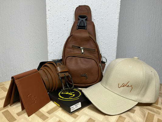 2. Kit de Vélez Cuero  –  Bolso de pecho Dacota + Correa + Billetera + Gorra