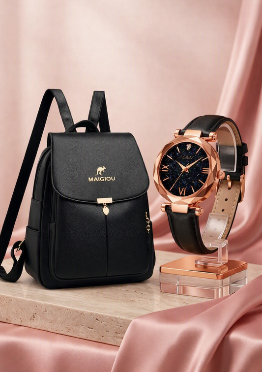 4. Combo de Bolso de Morral de cuero+Reloj